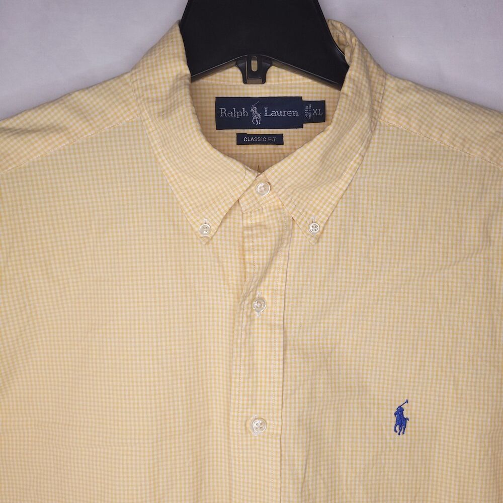 Ralph Lauren Shirt Mens XL Gingham Yellow, White Classic Fit Short Sleeve